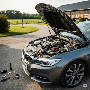 A wide-angle shot of a sleek, dark gray sedan parked on a gravel driveway with its hood raised, revealing intricate engine parts and wires.