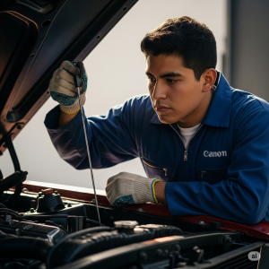 A young man in a blue mechanic's jumpsuit and work gloves leans over the open hood of a car, holding a dipstick to check the fluid level. His gaze is focused on the dipstick as he inspects it.