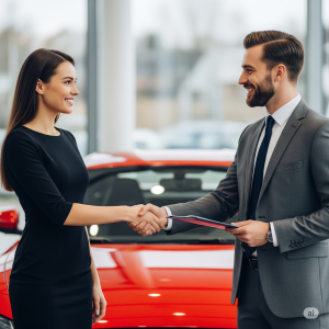 A confident buyer shakes hands with a smiling car dealer in front of a new, gleaming car.